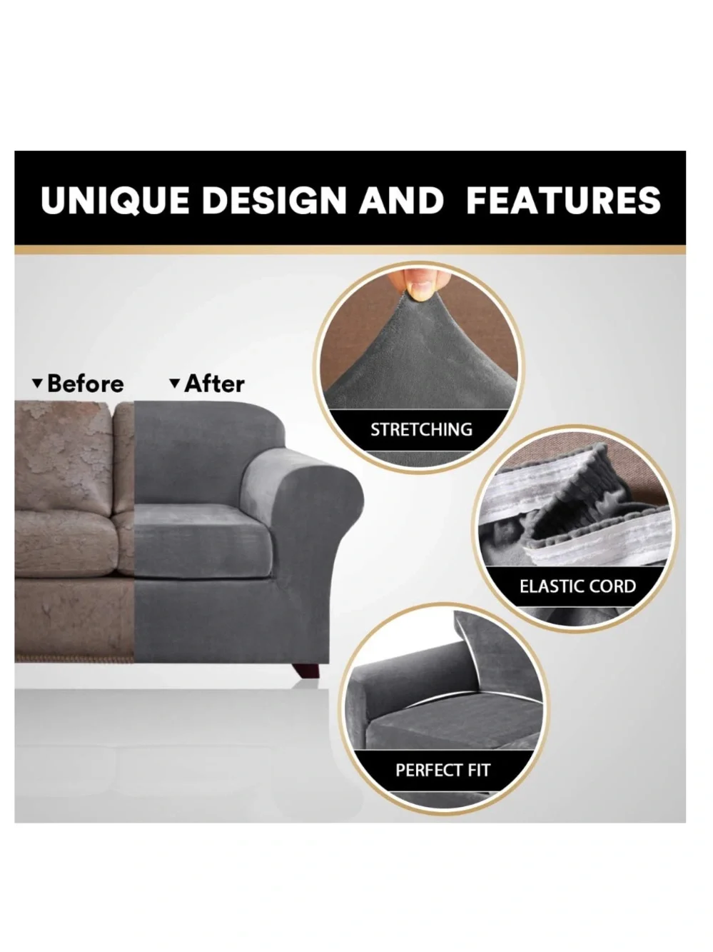Modern Sofa Slipcover Pet-Friendly 3 Pc. Set SIZE LARGE 72-90” - GRAY VELVET